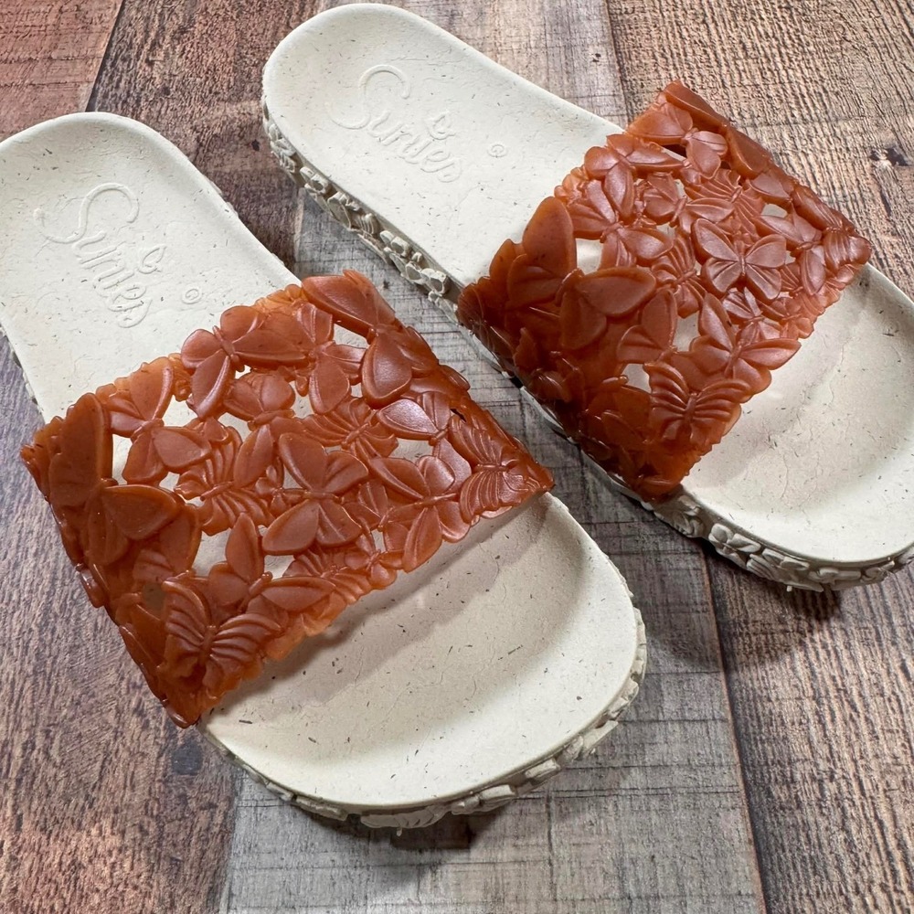 Sunies Butterfly Slide Sandals Women 6 Brown Cream Eco Friendly Jelly Slides